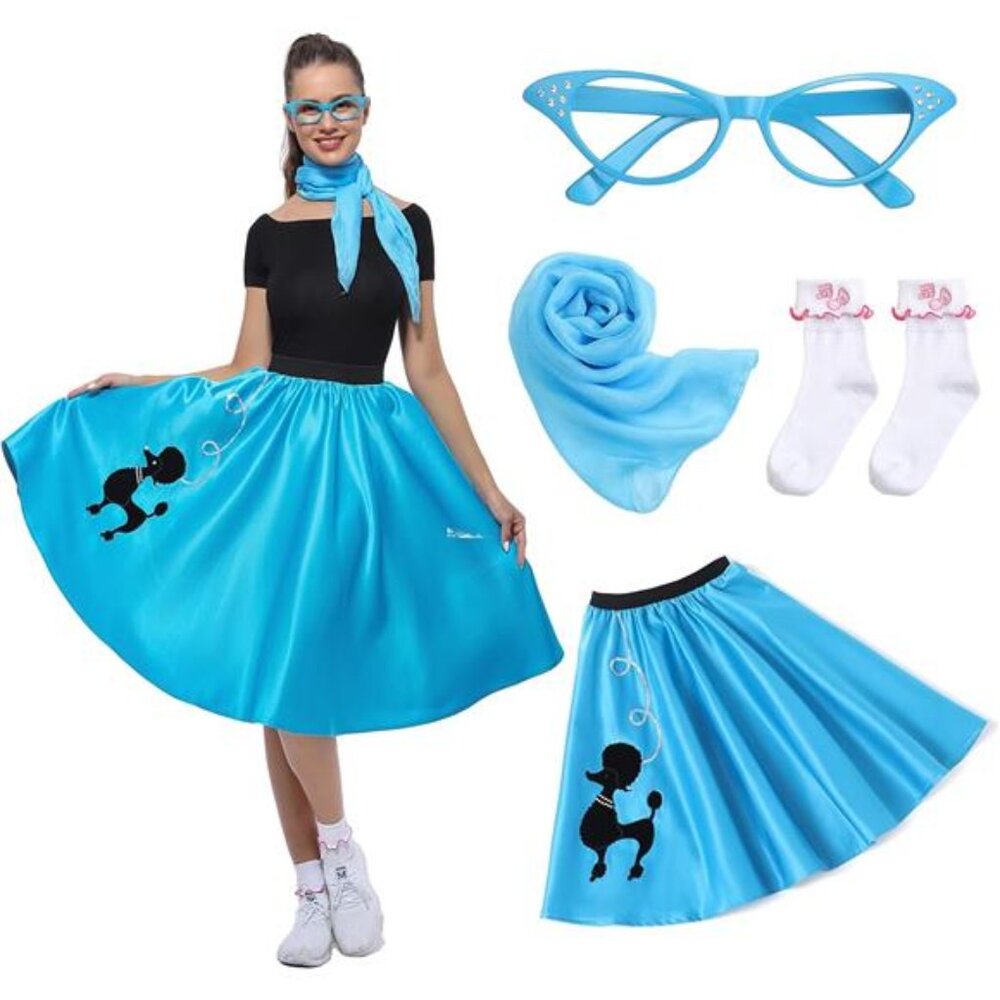 Women 1950's Blue Costume Adult Poodle Halloween Party Dress with Sunglasses